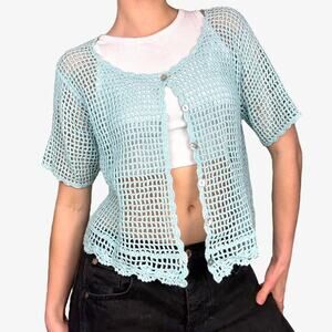 Blue crochet cardigan short sleeve cardigan vintage top